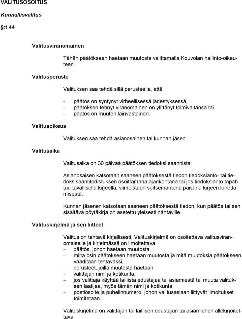 Valituksen saa tehdä asianosainen tai kunnan jäsen. Valitusaika on 30 päivää päätöksen tiedoksi saannista.