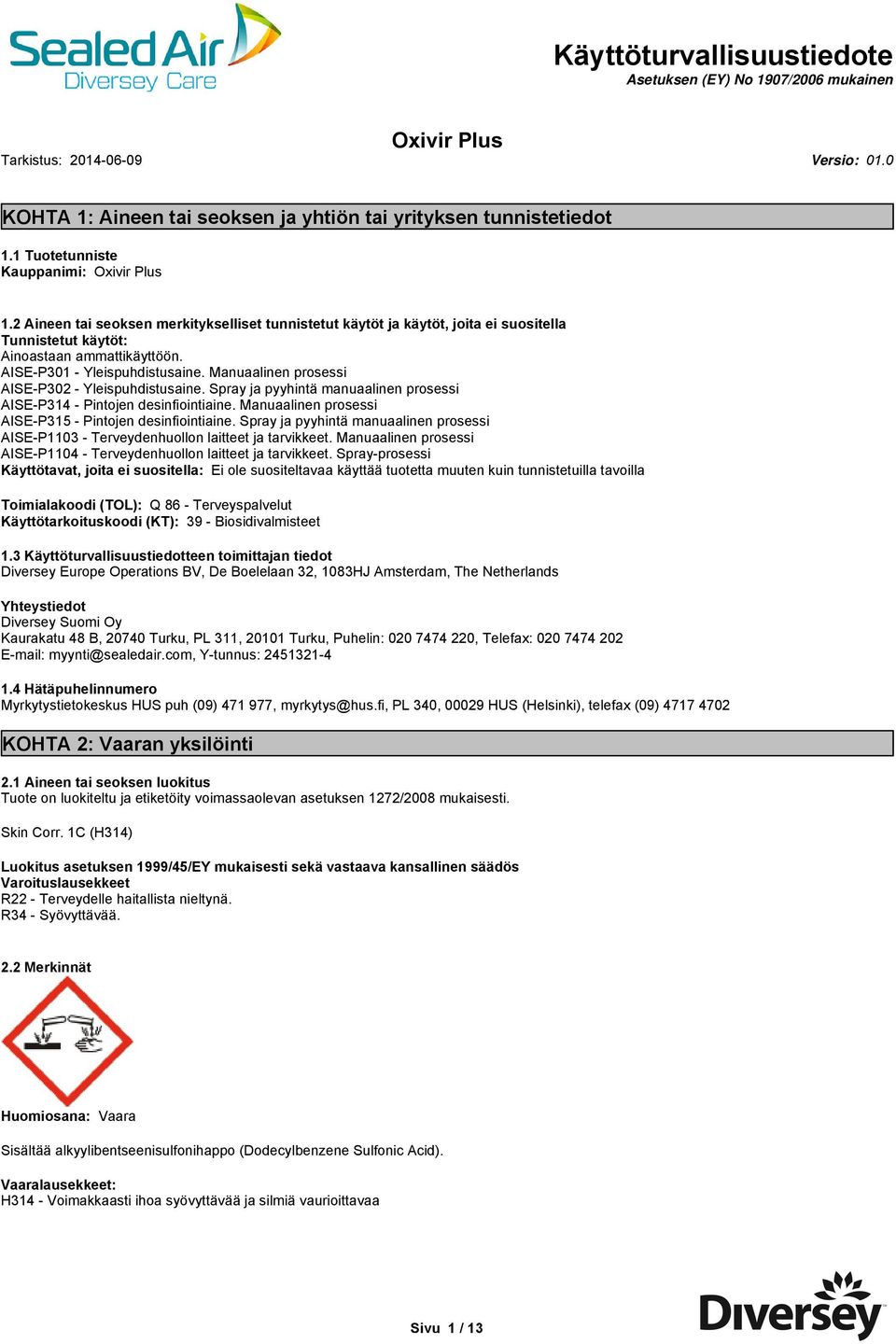 AISE-P301 - Yleispuhdistusaine. Manuaalinen prosessi AISE-P302 - Yleispuhdistusaine. Spray ja pyyhintä manuaalinen prosessi AISE-P314 - Pintojen desinfiointiaine.