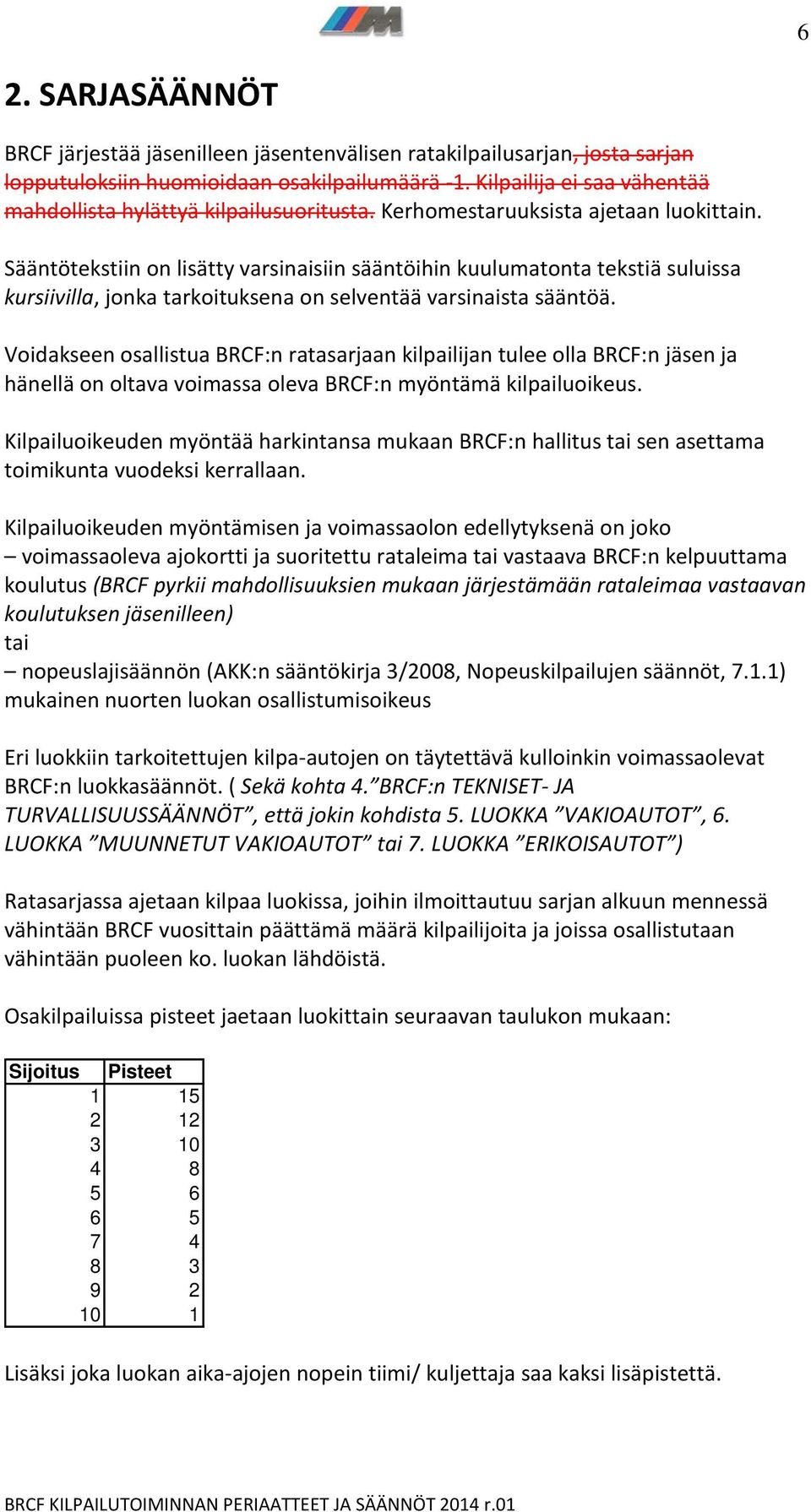 Sääntötekstiin on lisätty varsinaisiin sääntöihin kuulumatonta tekstiä suluissa kursiivilla, jonka tarkoituksena on selventää varsinaista sääntöä.
