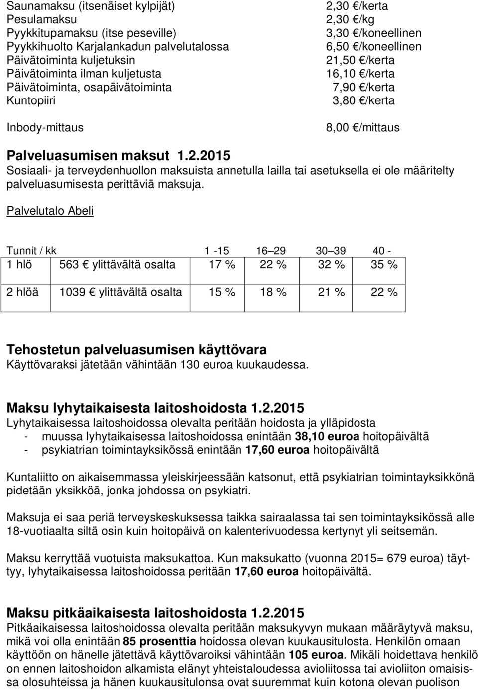 Palvelutalo Abeli Tunnit / kk 1-15 16 29 30 39 40-1 hlö 563 ylittävältä osalta 17 % 22 % 32 % 35 % 2 hlöä 1039 ylittävältä osalta 15 % 18 % 21 % 22 % Tehostetun palveluasumisen käyttövara