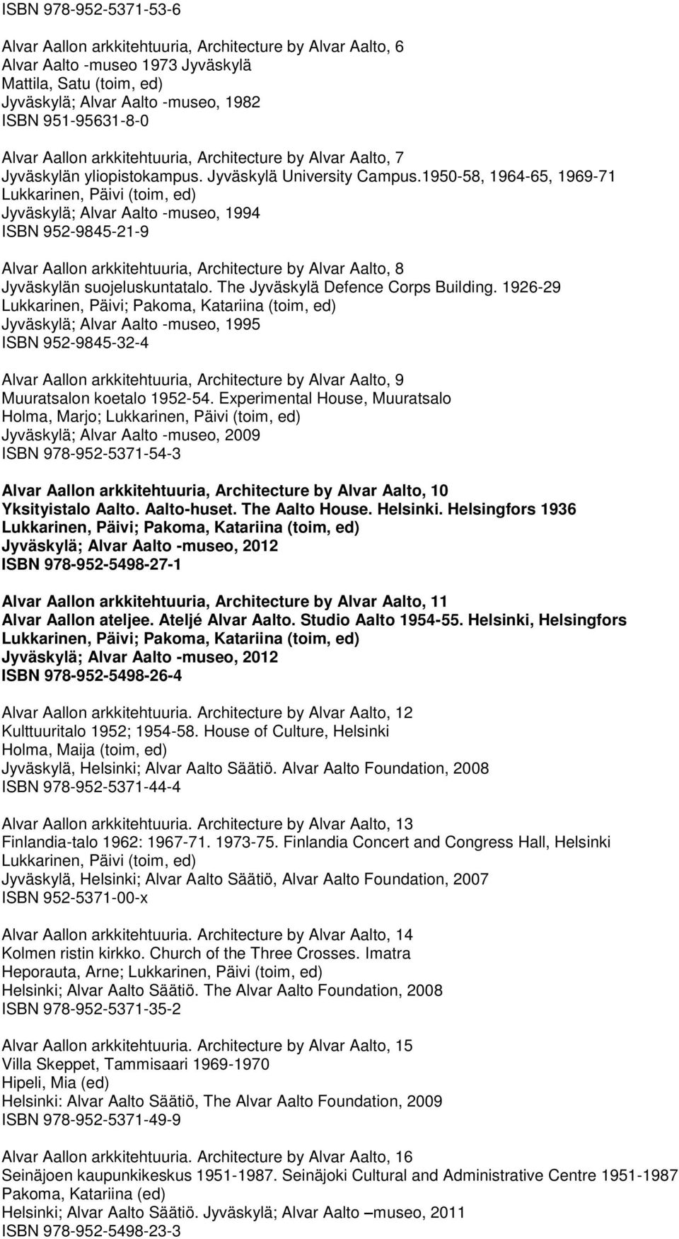 1950-58, 1964-65, 1969-71 Lukkarinen, Päivi (toim, ed) Jyväskylä; -museo, 1994 ISBN 952-9845-21-9 Alvar Aallon arkkitehtuuria, Architecture by, 8 Jyväskylän suojeluskuntatalo.