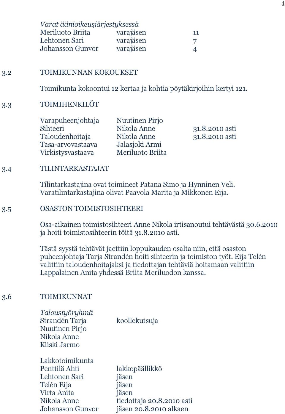 2010 asti Taloudenhoitaja Nikola Anne 31.8.2010 asti Tasa-arvovastaava Jalasjoki Armi Virkistysvastaava Meriluoto Briita 3.