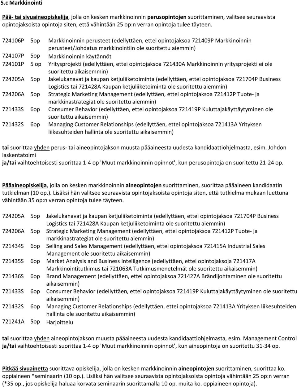 724106P 5op Markkinoinnin perusteet (edellyttäen, ettei opintojaksoa 721409P Markkinoinnin perusteet/johdatus markkinointiin ole 724107P 5op Markkinoinnin käytännöt 724101P 5 op Yritysprojekti