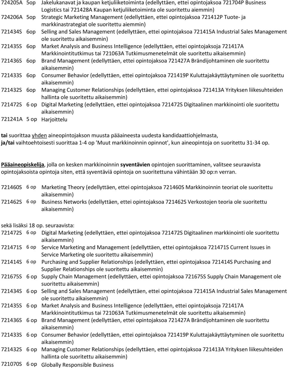 721435S 6op Market Analysis and Business Intelligence (edellyttäen, ettei opintojaksoja 721417A Markkinointitutkimus tai 721063A Tutkimusmenetelmät ole suoritettu 721436S 6op Brand Management