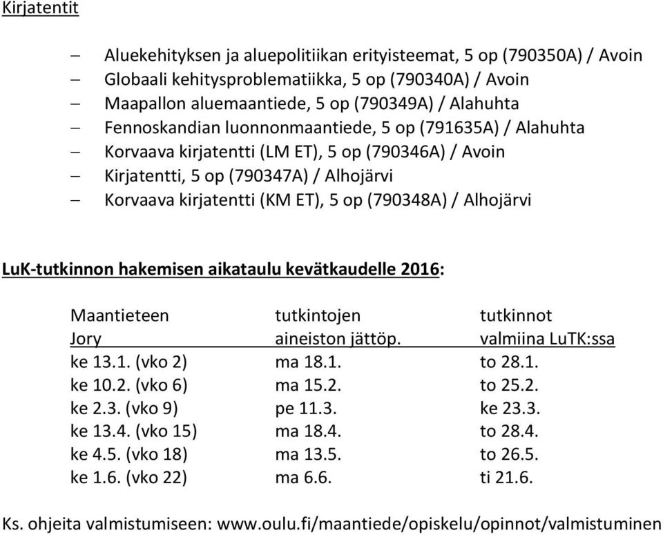 Alhojärvi LuK-tutkinnon hakemisen aikataulu kevätkaudelle 2016: Maantieteen tutkintojen tutkinnot Jory aineiston jättöp. valmiina LuTK:ssa ke 13.1. (vko 2) ma 18.1. to 28.1. ke 10.2. (vko 6) ma 15.2. to 25.