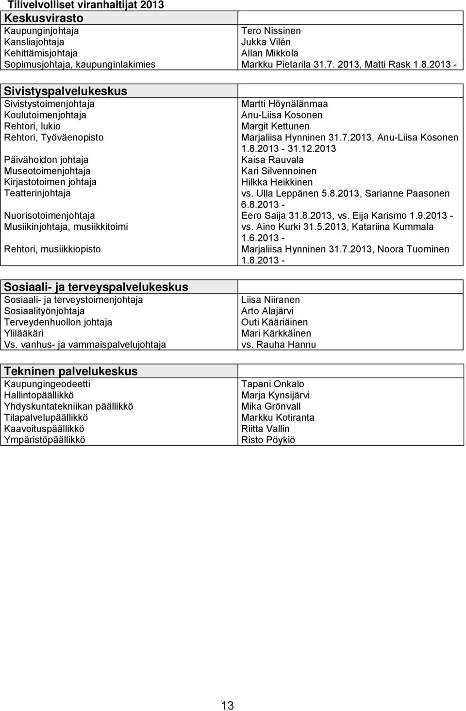 Sosiaali- ja terveyspalvelukeskus Sosiaali- ja terveystoimenjohtaja Sosiaalityönjohtaja Terveydenhuollon johtaja Ylilääkäri Vs.