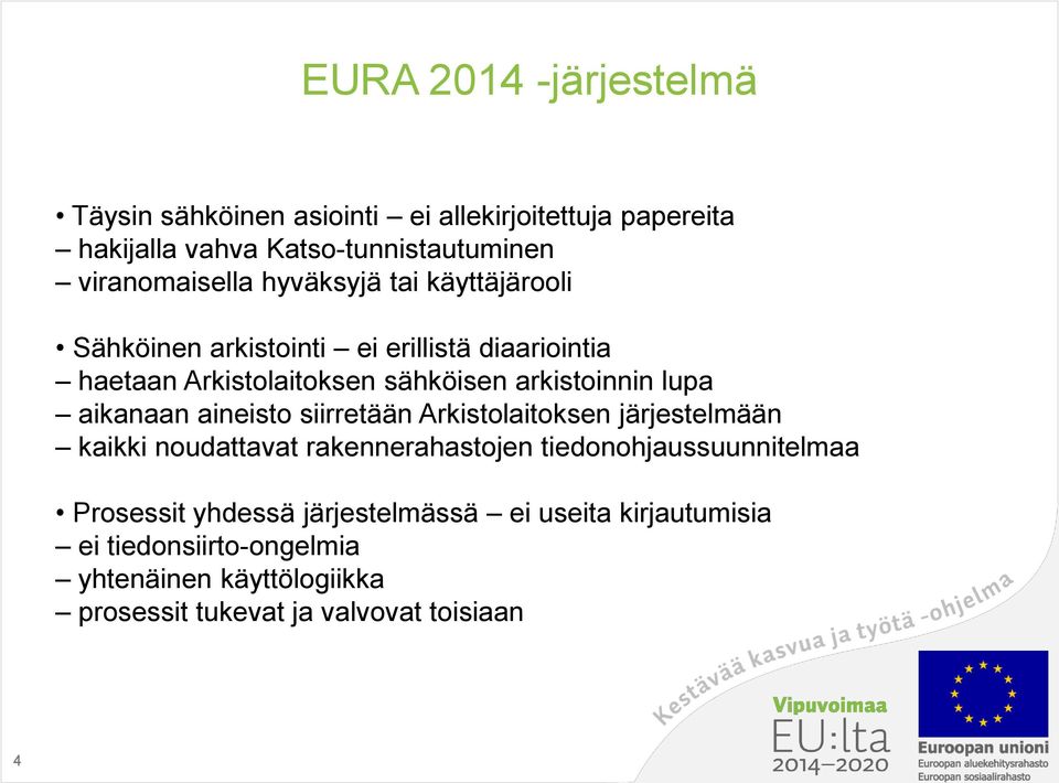 aikanaan aineisto siirretään Arkistolaitoksen järjestelmään kaikki noudattavat rakennerahastojen tiedonohjaussuunnitelmaa Prosessit