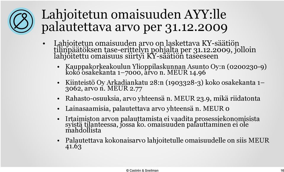 2009, jolloin lahjoitettu omaisuus siirtyi KY-säätiön taseeseen Kauppakorkeakoulun Ylioppilaskunnan Asunto Oy:n (0200230-9) koko osakekanta 1 7000, arvo n. MEUR 14.