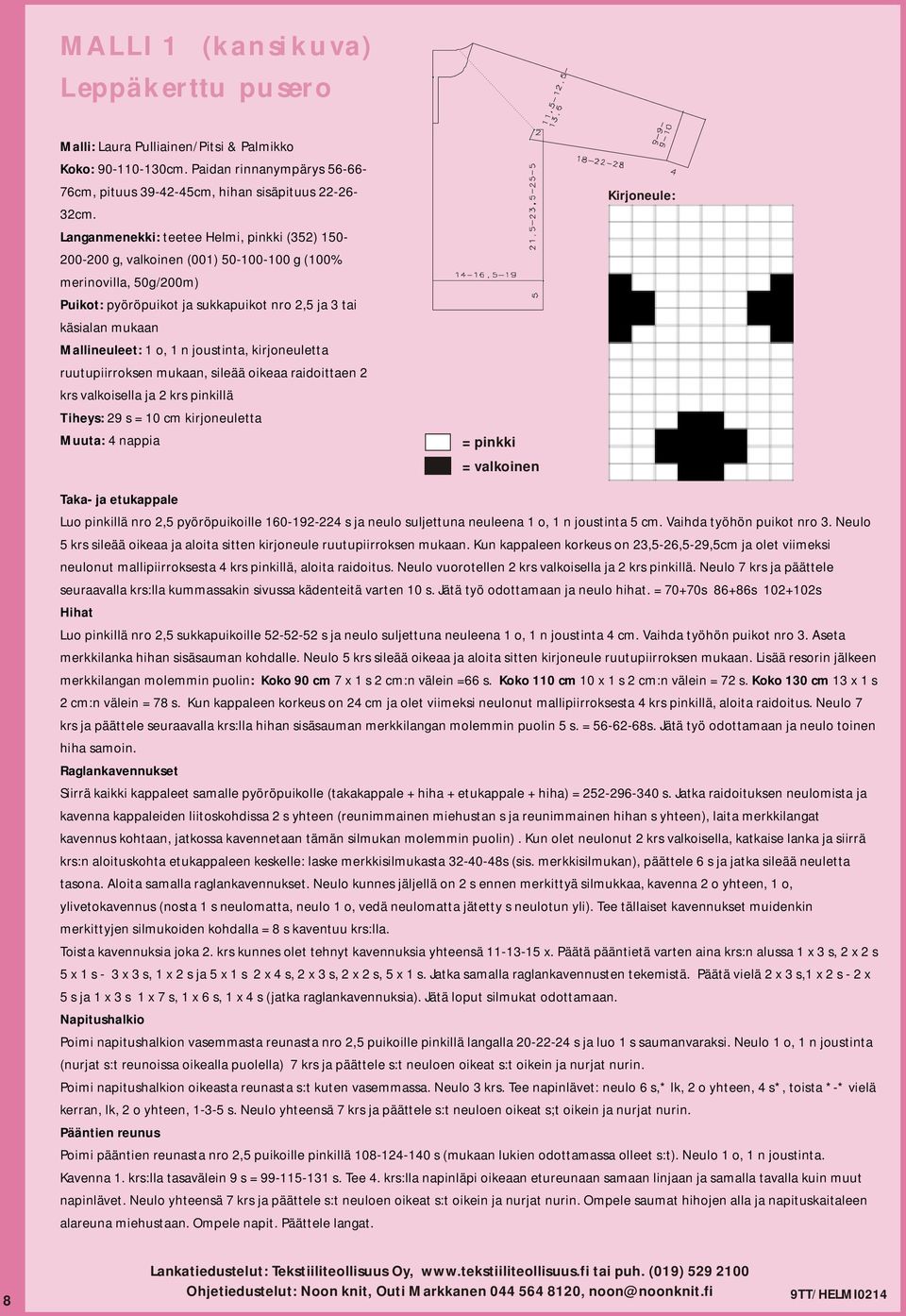 o, 1 n joustinta, kirjoneuletta ruutupiirroksen mukaan, sileää oikeaa raidoittaen 2 krs valkoisella ja 2 krs pinkillä Tiheys: 29 s = 10 cm kirjoneuletta Muuta: 4 nappia = pinkki = valkoinen