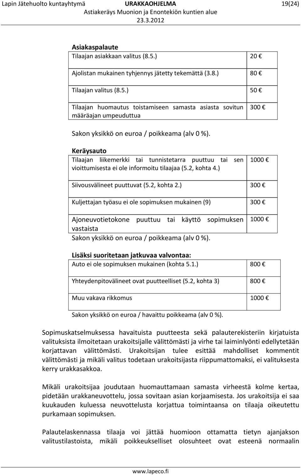 ) 50 Tilaajan huomautus toistamiseen samasta asiasta sovitun määräajan umpeuduttua 300 Sakon yksikkö on euroa / poikkeama (alv 0 %).