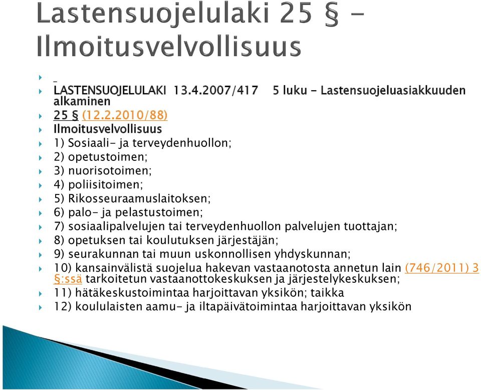 (12.2.2010/88) Ilmoitusvelvollisuus 1) Sosiaali- ja terveydenhuollon; 2) opetustoimen; 3) nuorisotoimen; 4) poliisitoimen; 5) Rikosseuraamuslaitoksen; 6) palo- ja