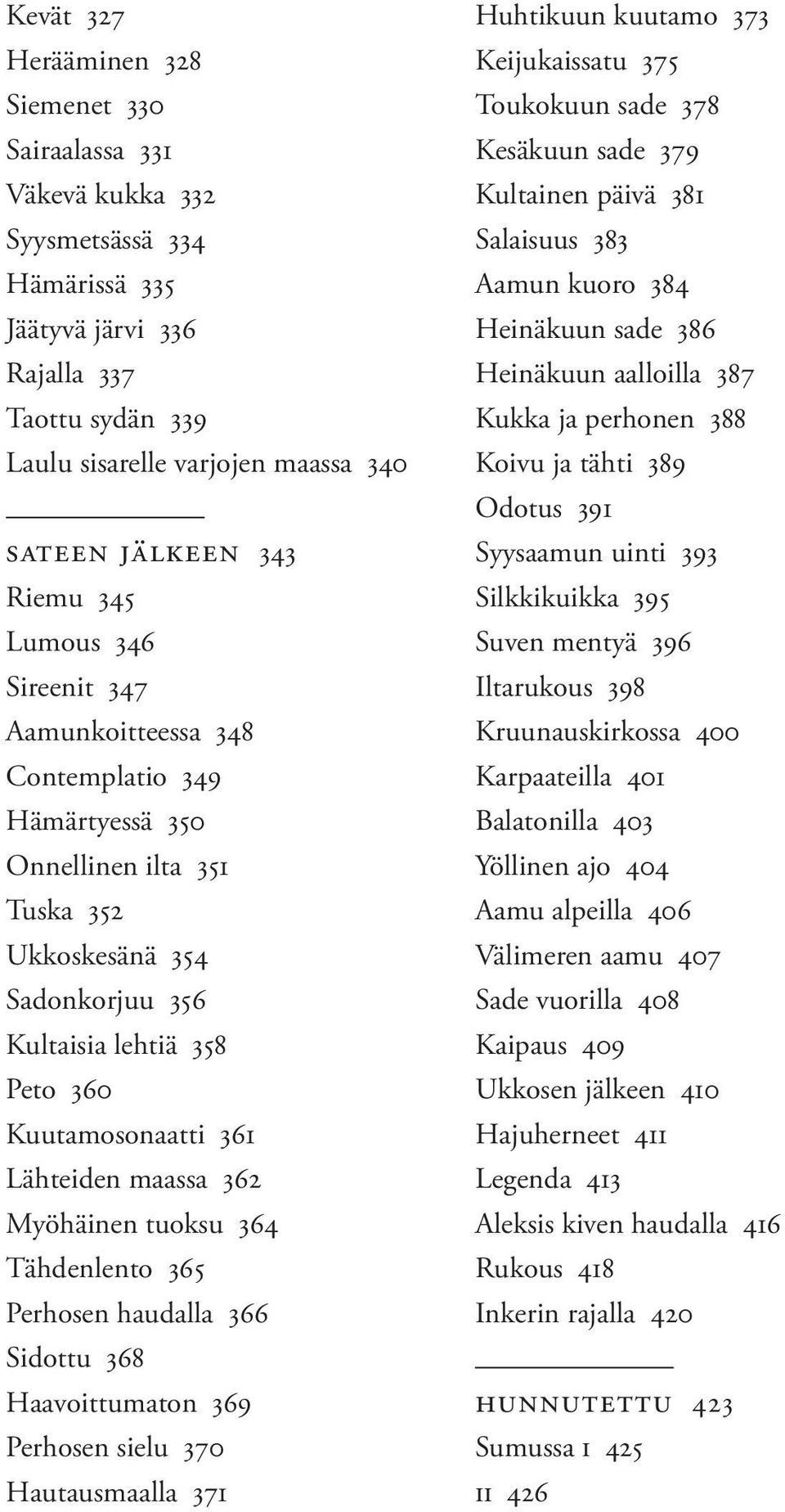 361 Lähteiden maassa 362 Myöhäinen tuoksu 364 Tähdenlento 365 Perhosen haudalla 366 Sidottu 368 Haavoittumaton 369 Perhosen sielu 370 Hautausmaalla 371 Huhtikuun kuutamo 373 Keijukaissatu 375