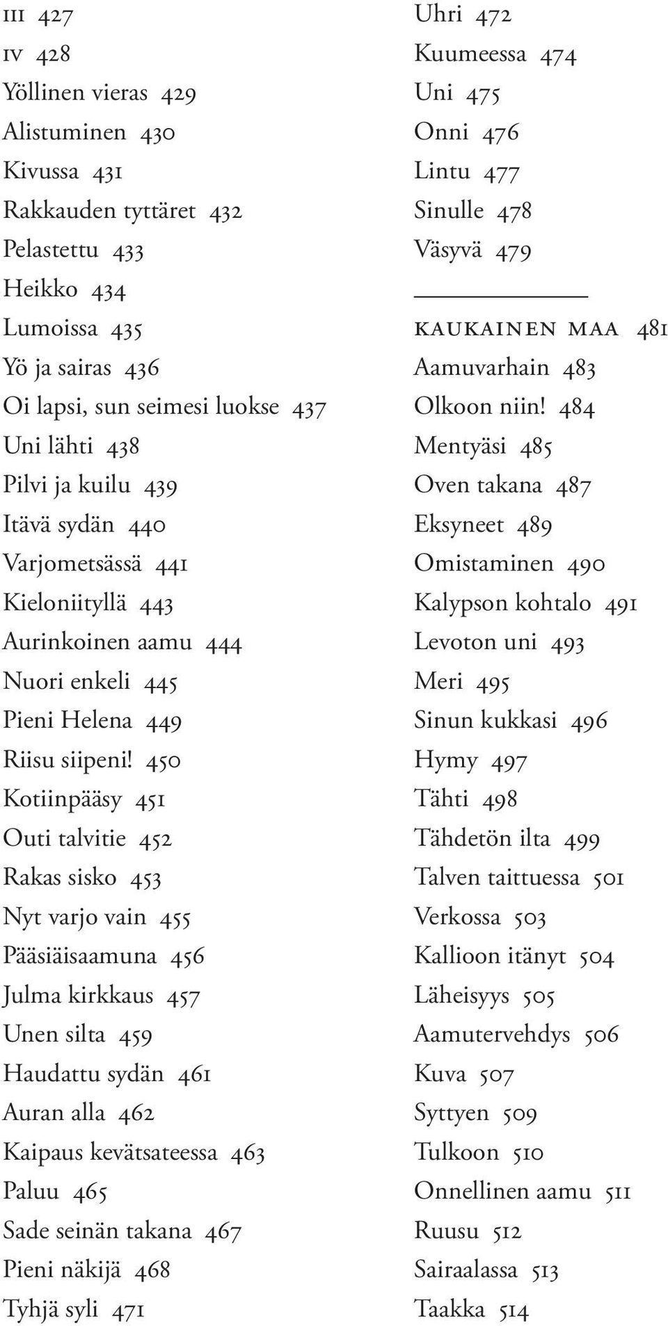 450 Kotiinpääsy 451 Outi talvitie 452 Rakas sisko 453 Nyt varjo vain 455 Pääsiäisaamuna 456 Julma kirkkaus 457 Unen silta 459 Haudattu sydän 461 Auran alla 462 Kaipaus kevätsateessa 463 Paluu 465