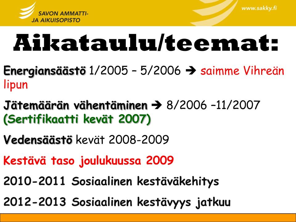 2007) Vedensäästö kevät 2008-2009 Kestävä taso joulukuussa 2009