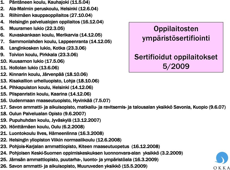 Hollolan lukio (13.6.06) 12. Kinnarin koulu, Järvenpää (18.10.06) 13. Kisakallion urheiluopisto, Lohja (18.10.06) 14. Pihkapuiston koulu, Helsinki (14.12.06) 15. Piispanristin koulu, Kaarina (14.12.06) 16.