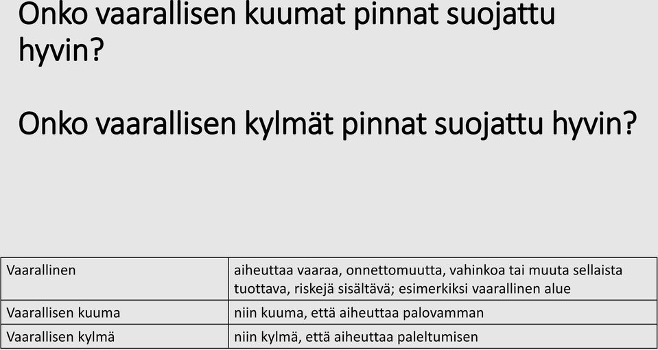 Vaarallinen Vaarallisen kuuma Vaarallisen kylmä aiheuttaa vaaraa, onnettomuutta,