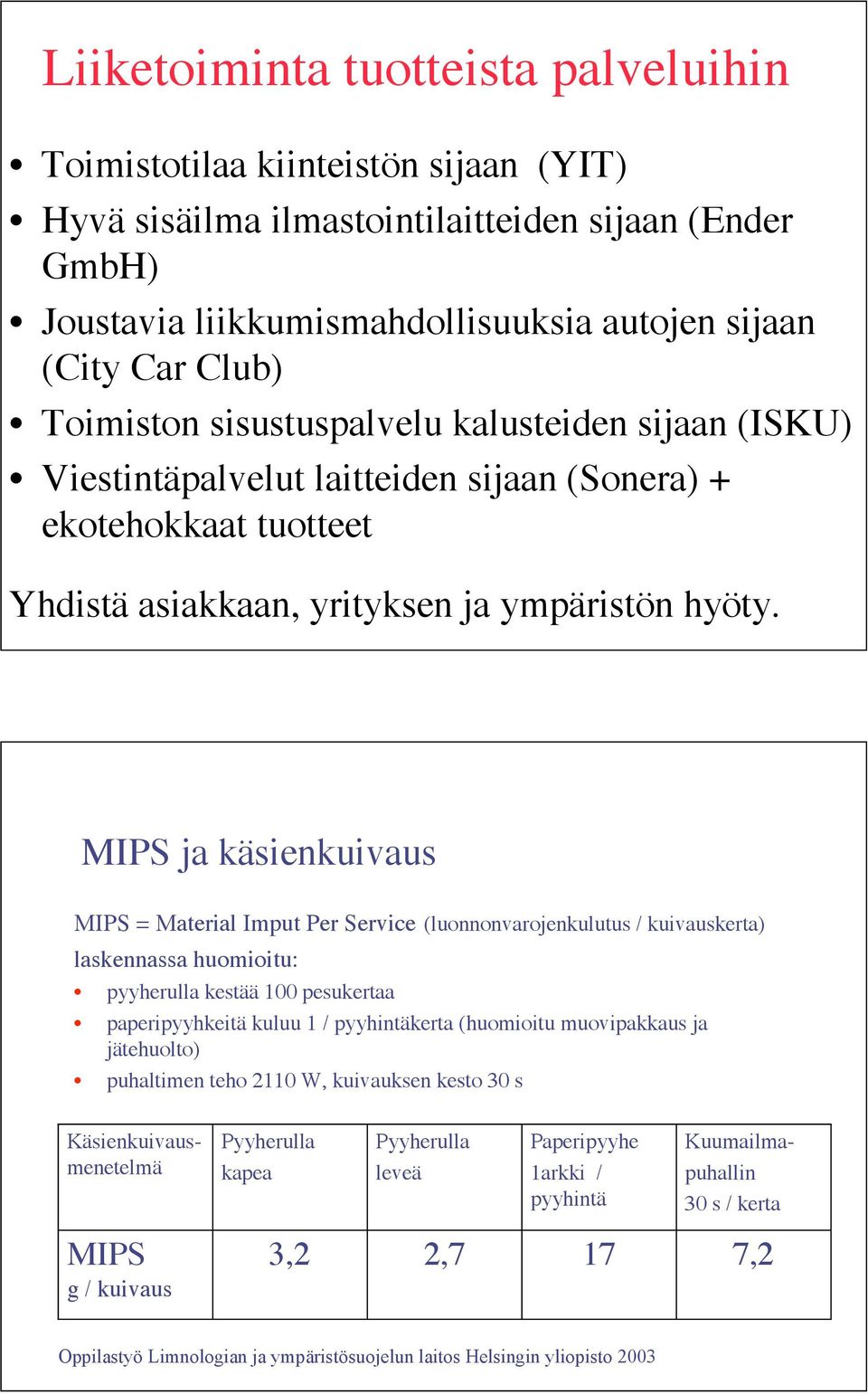 MIPS ja käsienkuivaus MIPS = Material Imput Per Service (luonnonvarojenkulutus / kuivauskerta) laskennassa huomioitu: pyyherulla kestää 100 pesukertaa paperipyyhkeitä kuluu 1 / pyyhintäkerta