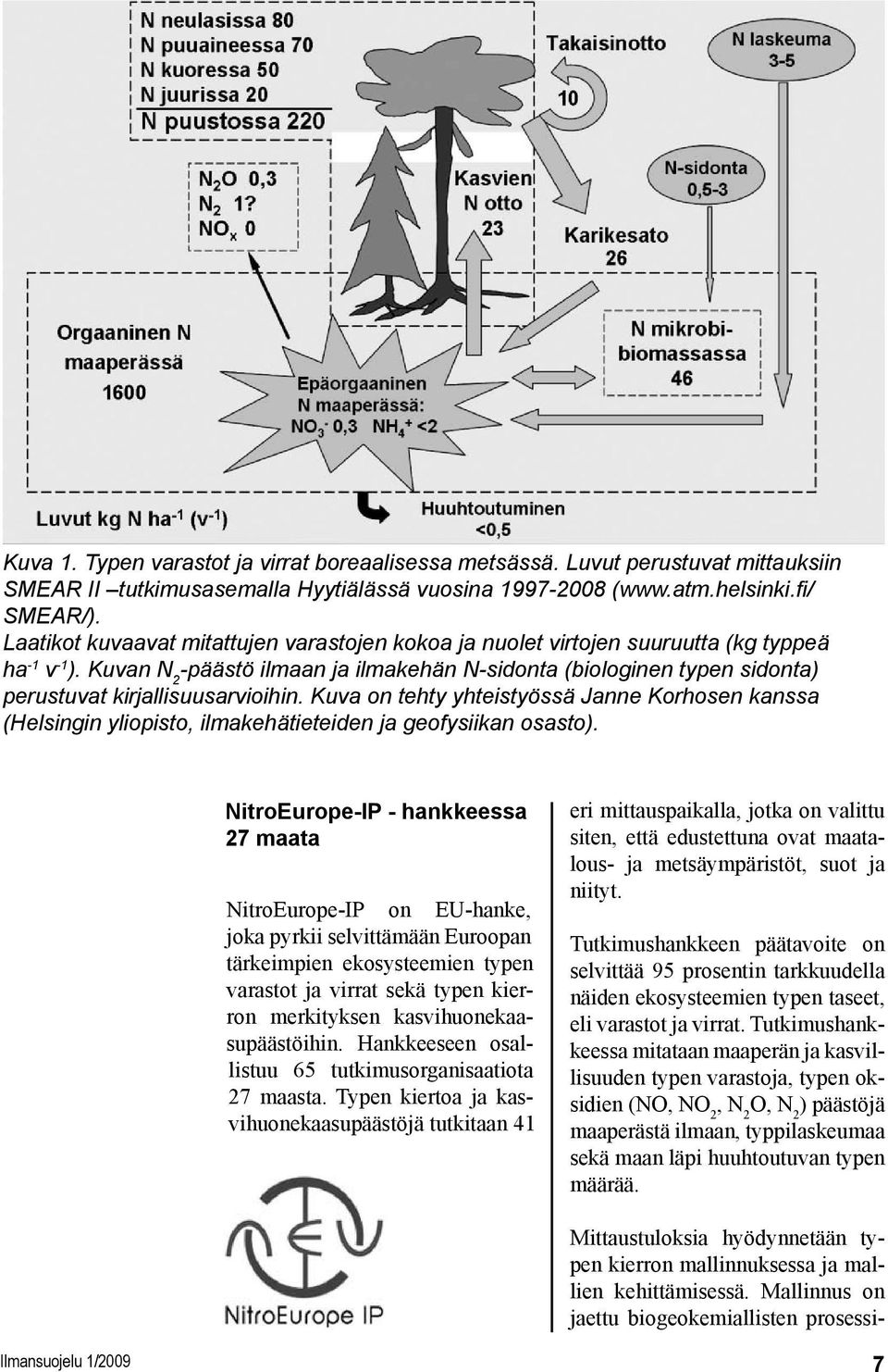 Kuvan N 2 -päästö ilmaan ja ilmakehän N-sidonta (biologinen typen sidonta) perustuvat kirjallisuusarvioihin.