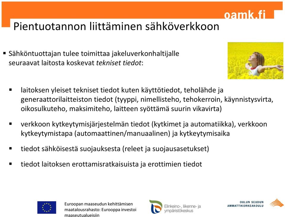 oikosulkuteho, maksimiteho, laitteen syöttämä suurin vikavirta) verkkoon kytkeytymisjärjestelmän tiedot (kytkimet ja automatiikka), verkkoon