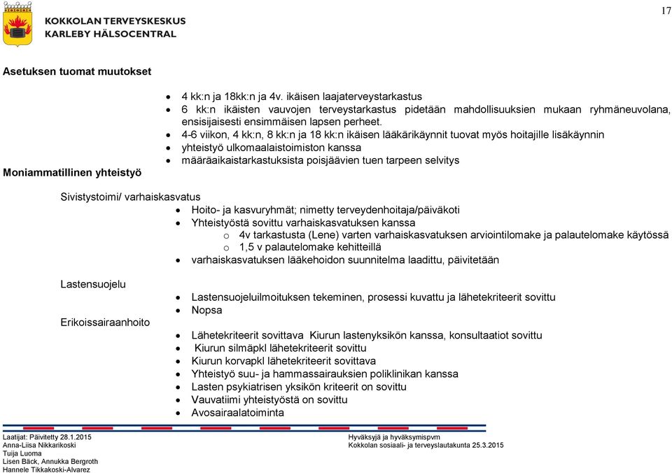 4-6 viikon, 4 kk:n, 8 kk:n ja 18 kk:n ikäisen lääkärikäynnit tuovat myös hoitajille lisäkäynnin yhteistyö ulkomaalaistoimiston kanssa määräaikaistarkastuksista poisjäävien tuen tarpeen selvitys