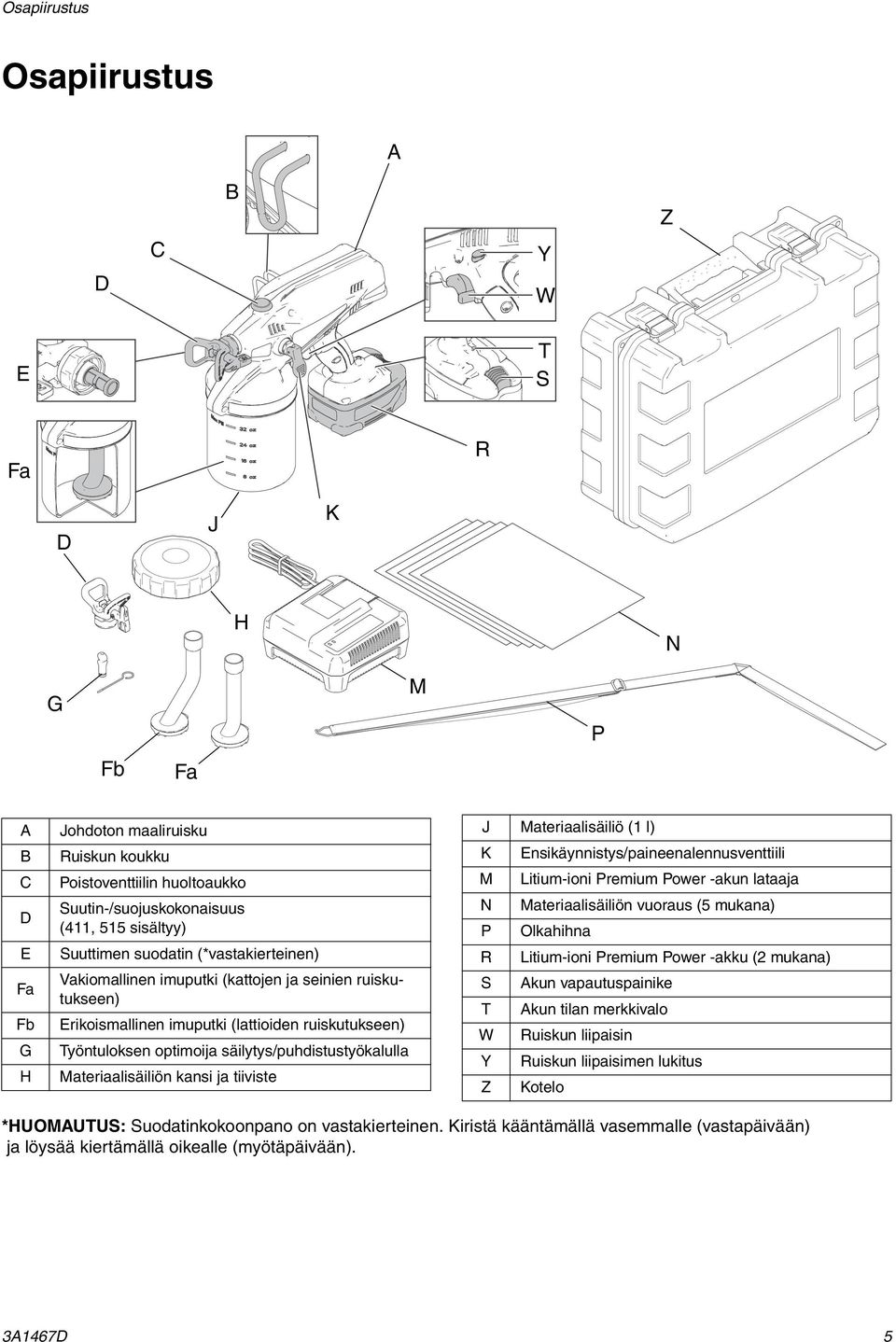 säilytys/puhdistustyökalulla Materiaalisäiliön kansi ja tiiviste J Materiaalisäiliö (1 l) K Ensikäynnistys/paineenalennusventtiili M Litium-ioni Premium Power -akun lataaja N Materiaalisäiliön