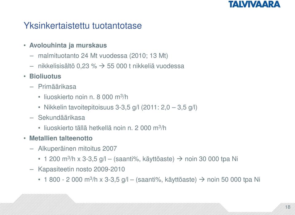 8 000 m 3 /h Nikkelin tavoitepitoisuus 3-3,5 g/l (2011: 2,0 3,5 g/l) Sekundäärikasa liuoskierto tällä hetkellä noin n.