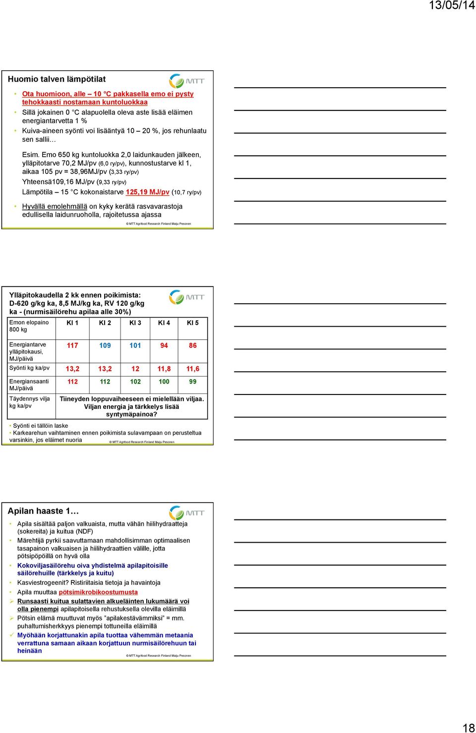 Emo 650 kg kuntoluokka 2,0 laidunkauden jälkeen, ylläpitotarve 70,2 MJ/pv (6,0 ry/pv), kunnostustarve kl 1, aikaa 105 pv = 38,96MJ/pv (3,33 ry/pv) Yhteensä109,16 MJ/pv (9,33 ry/pv) Lämpötila 15 C