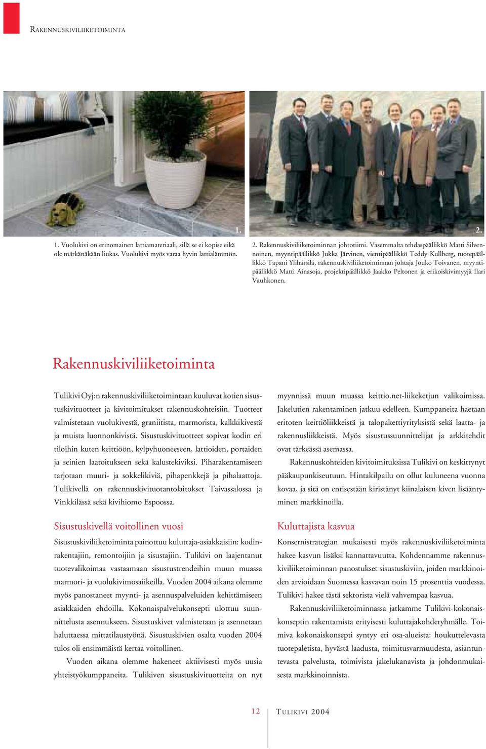 Vasemmalta tehdaspäällikkö Matti Silvennoinen, myyntipäällikkö Jukka Järvinen, vientipäällikkö Teddy Kullberg, tuotepäällikkö Tapani Ylihärsilä, rakennuskiviliiketoiminnan johtaja Jouko Toivanen,