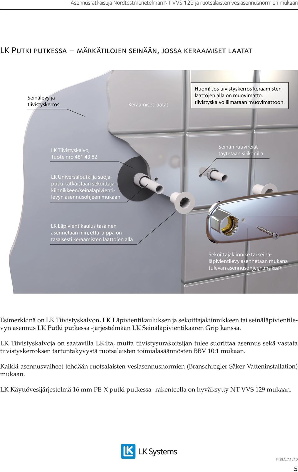 LK Tiivistyskalvo, Tuote nro 481 43 82 Seinän ruuvireiät täytetään silikonilla LK Universalputki ja suojaputki katkaistaan sekoittajakiinnikkeen/seinäläpivientilevyn asennusohjeen mukaan LK