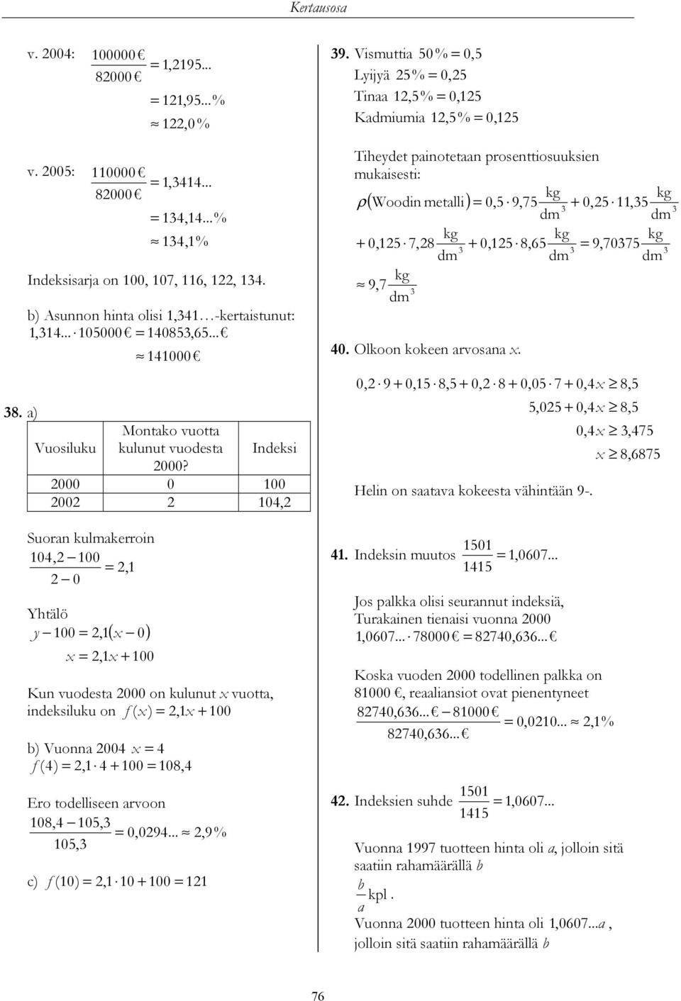 000 0 00 00 04, Suor kulmkerroi 04, 00 =, 0 Yhtälö y 00 =,( 0) =, + 00 Ku vuodest 000 o kuluut vuott, ideksiluku o f ( ) =, + 00 b) Vuo 004 = 4 f ( 4) =, 4 + 00 = 08,4 Ero todellisee rvoo 08,4 05, =