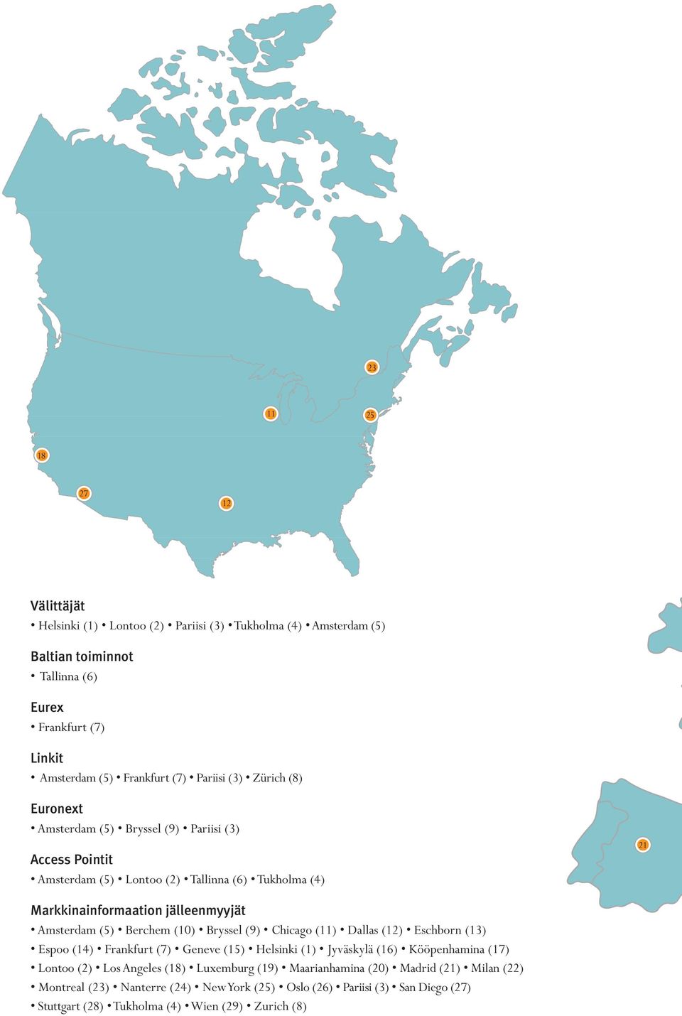 (10) Bryssel (9) Chicago (11) Dallas (12) Eschborn (13) Espoo (14) Frankfurt (7) Geneve (15) Helsinki (1) Jyväskylä (16) Kööpenhamina (17) Lontoo (2) Los Angeles (18) Luxemburg (19)