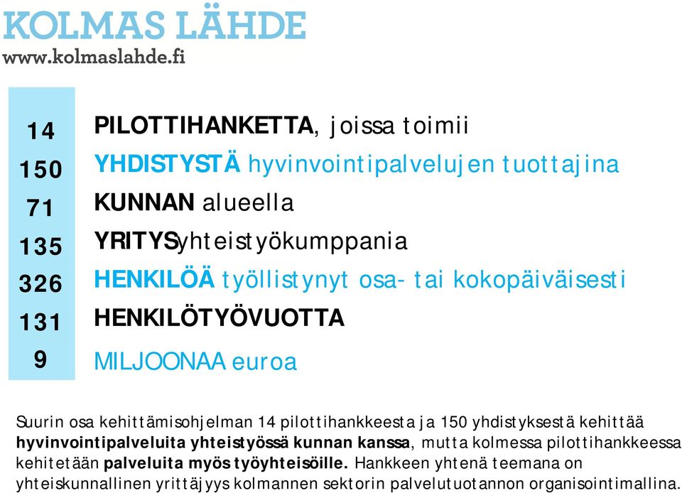 14 pilottihankkeesta ja 150 yhdistyksestä kehittää hyvinvointipalveluita yhteistyössä kunnan kanssa, mutta kolmessa pilottihankkeessa