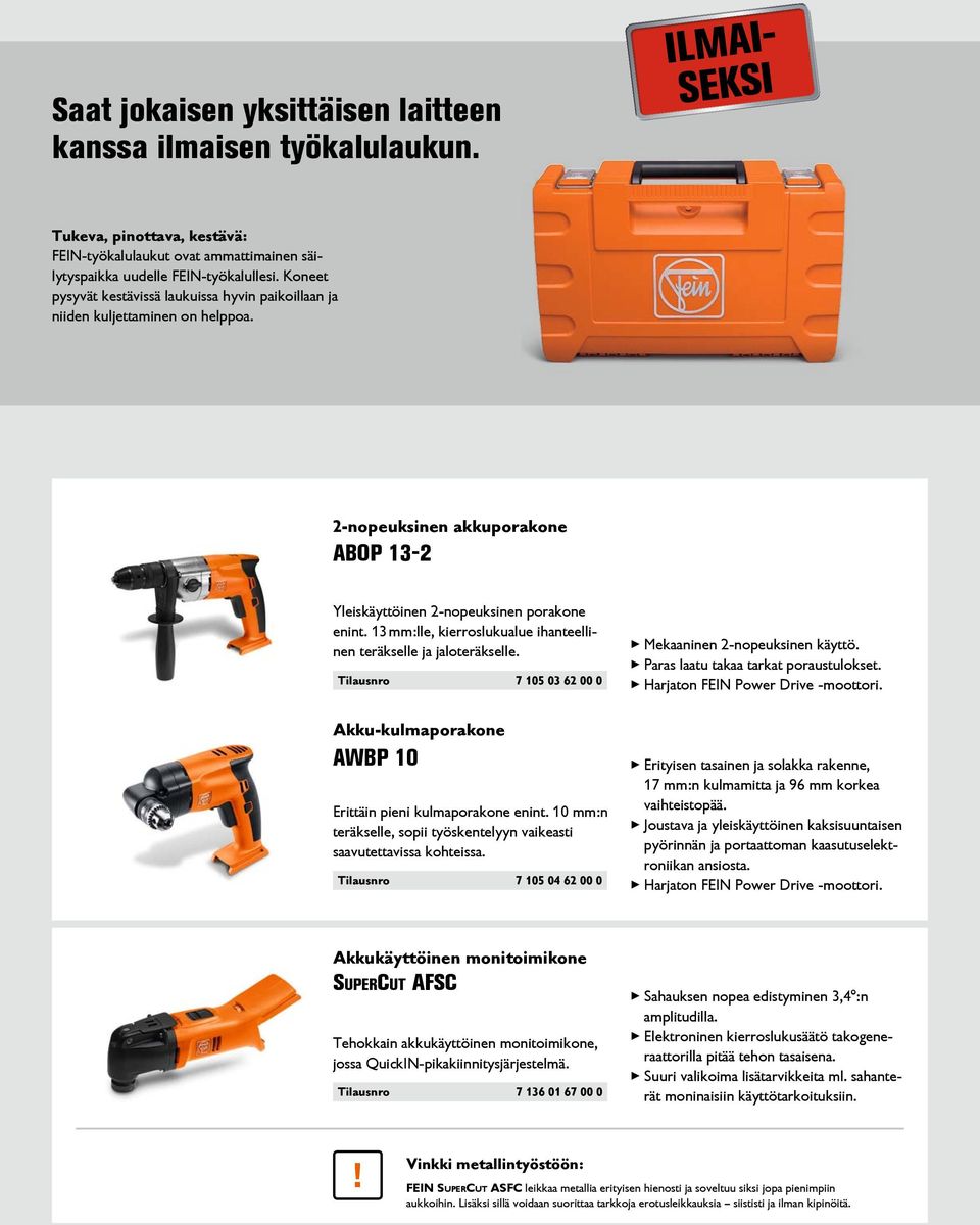 13 mm:lle, kierroslukualue ihanteellinen teräkselle ja jaloteräkselle. Tilausnro 7 105 03 62 00 0 ꨈꨈMekaaninen 2-nopeuksinen käyttö. ꨈꨈParas laatu takaa tarkat poraustulokset.