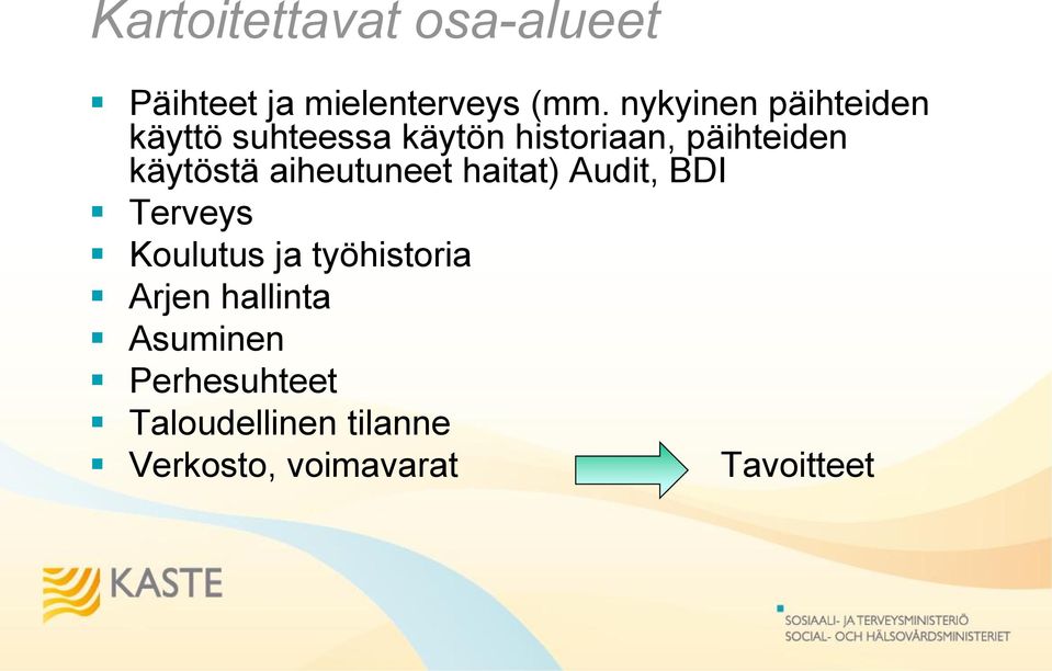 käytöstä aiheutuneet haitat) Audit, BDI Terveys Koulutus ja työhistoria