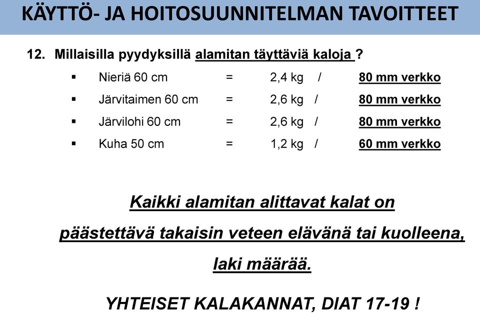 = 2,6 kg / 80 mm verkko Kuha 50 cm = 1,2 kg / 60 mm verkko Kaikki alamitan alittavat kalat on