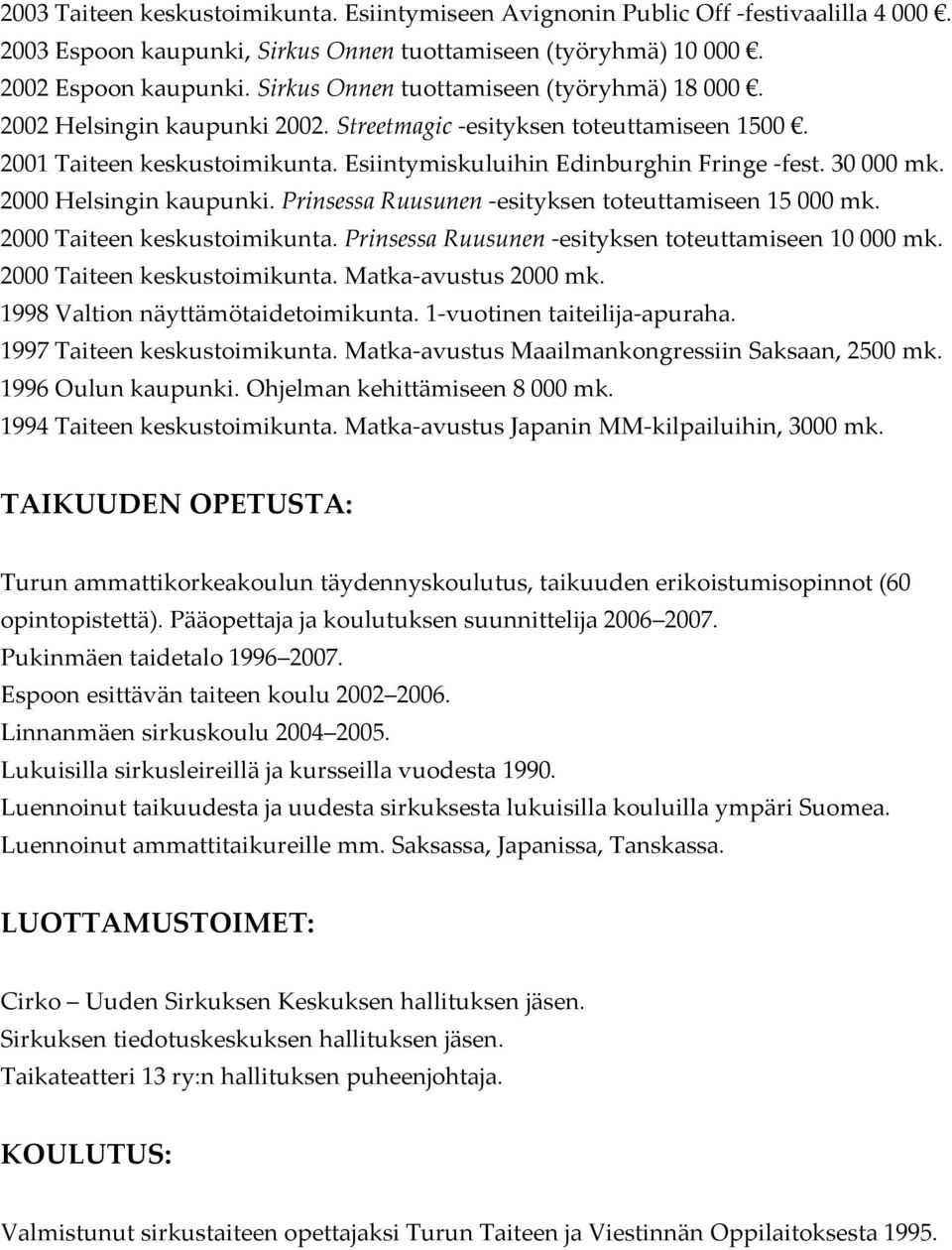 30 000 mk. 2000 Helsingin kaupunki. Prinsessa Ruusunen - esityksen toteuttamiseen 15 000 mk. 2000 Taiteen keskustoimikunta. Prinsessa Ruusunen - esityksen toteuttamiseen 10 000 mk.