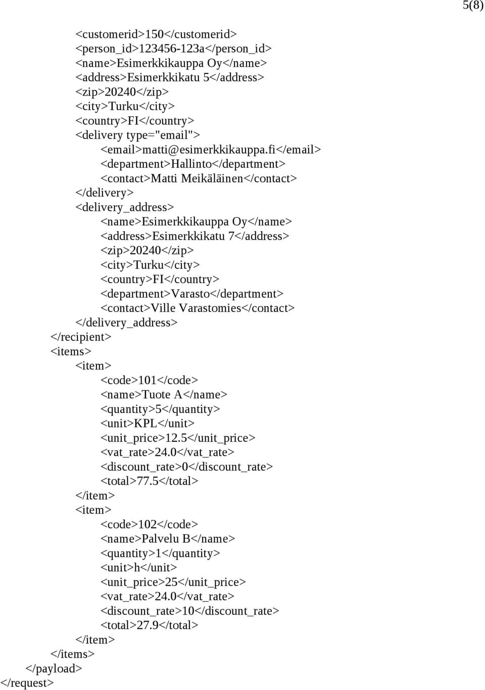 fi</email> <department>hallinto</department> <contact>matti Meikäläinen</contact> </delivery> <delivery_address> <name>esimerkkikauppa Oy</name> <address>esimerkkikatu 7</address> <zip>20240</zip>