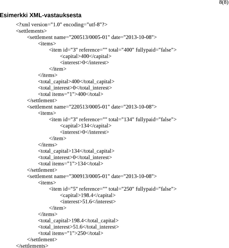 <total_capital>400</total_capital> <total_interest>0</total_interest> <total items="1">400</total> </settlement> <settlement name="220513/0005-01" date="2013-10-08"> <items> <item id="3" reference=""