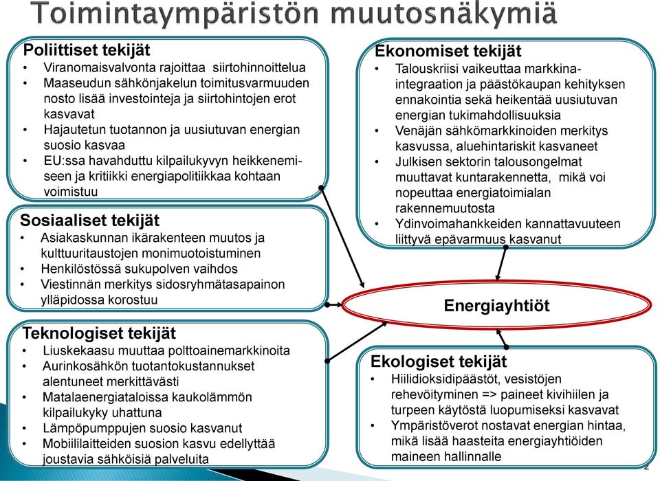 kulttuuritaustojen monimuotoistuminen Henkilöstössä sukupolven vaihdos Viestinnän merkitys sidosryhmätasapainon ylläpidossa korostuu Teknologiset tekijät Liuskekaasu muuttaa polttoainemarkkinoita