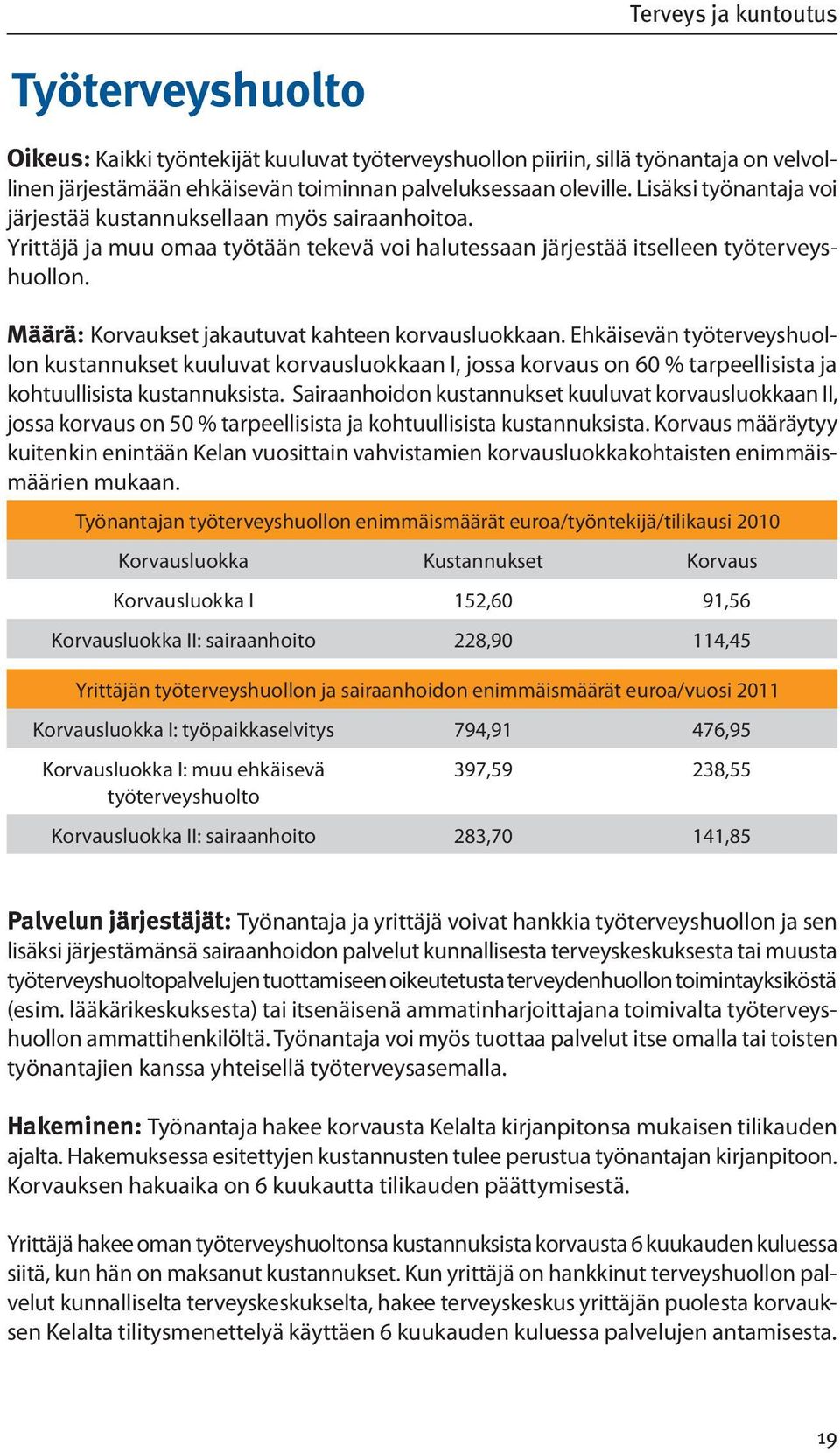 Määrä: Korvaukset jakautuvat kahteen korvausluokkaan. Ehkäisevän työterveyshuollon kustannukset kuuluvat korvausluokkaan I, jossa korvaus on 60 % tarpeellisista ja kohtuullisista kustannuksista.