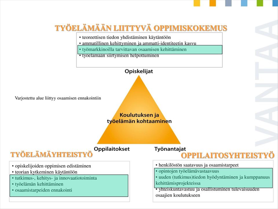 kytkeminen käytäntöön tutkimus-, kehitys- ja innovaatiotoiminta työelämän kehittäminen osaamistarpeiden ennakointi OPPILAITOSYHTEISTYÖ henkilöstön saatavuus ja