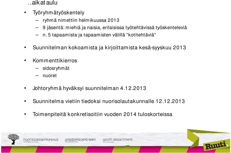 5 tapaamista ja tapaamisten välillä kotitehtäviä Suunnitelman kokoamista ja kirjoittamista kesä-syyskuu 2013