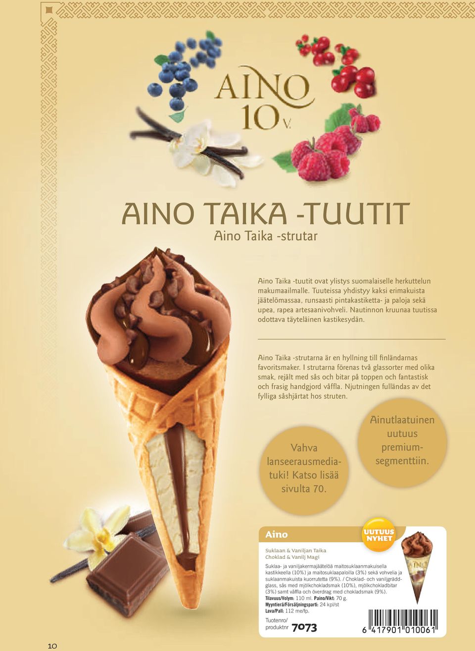 Aino Taika -strutarna är en hyllning till finländarnas favoritsmaker. I strutarna förenas två glassorter med olika smak, rejält med sås och bitar på toppen och fantastisk och frasig handgjord våffla.