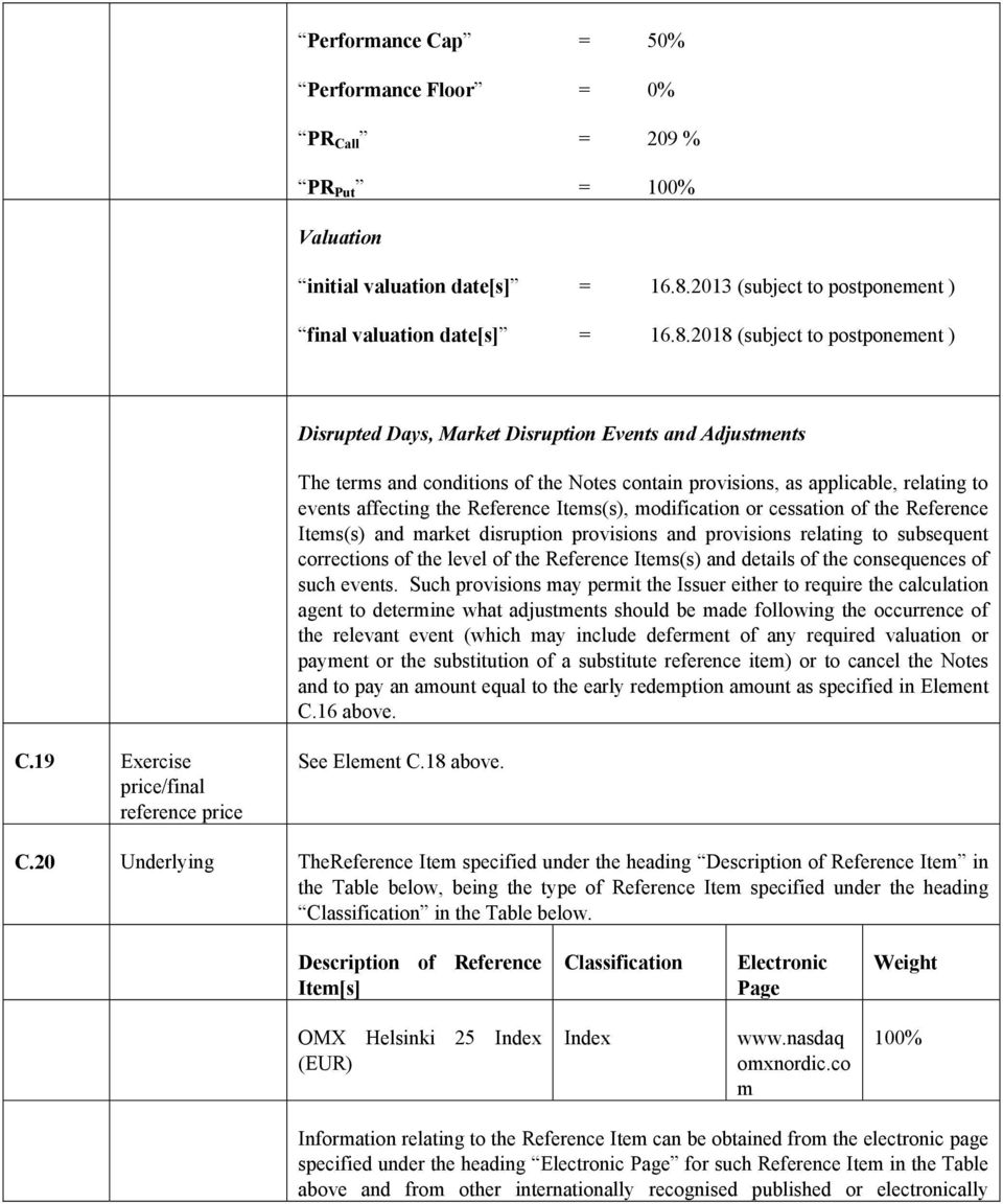 2018 (subject to postponement ) Disrupted Days, Market Disruption Events and Adjustments The terms and conditions of the Notes contain provisions, as applicable, relating to events affecting the