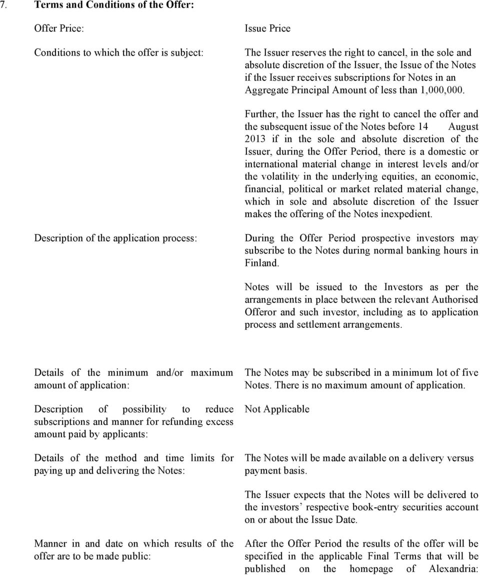 Further, the Issuer has the right to cancel the offer and the subsequent issue of the Notes before 14 August 2013 if in the sole and absolute discretion of the Issuer, during the Offer Period, there