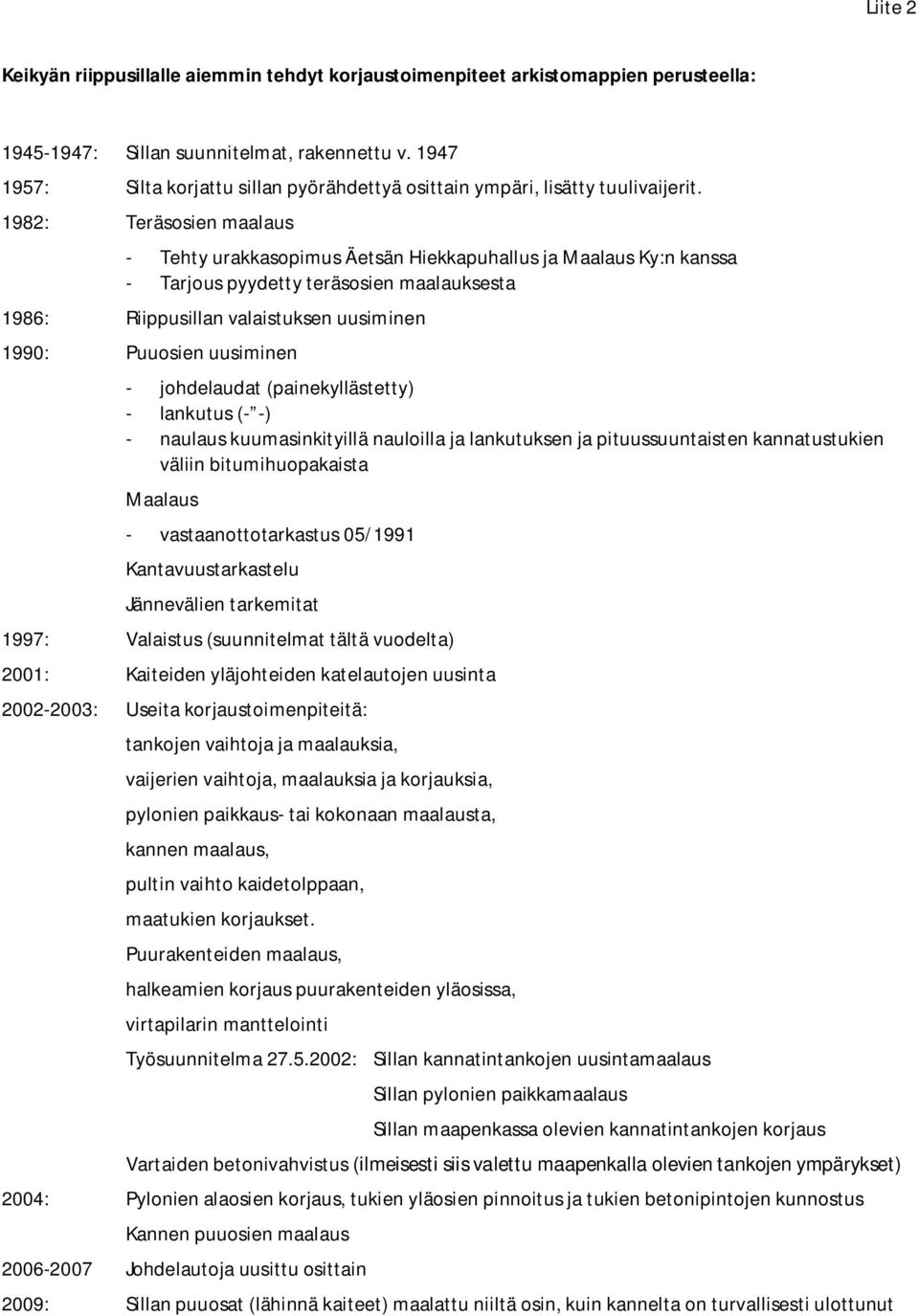 1982: Teräsosien maalaus - Tehty urakkasopimus Äetsän Hiekkapuhallus ja Maalaus Ky:n kanssa - Tarjous pyydetty teräsosien maalauksesta 1986: Riippusillan valaistuksen uusiminen 1990: Puuosien