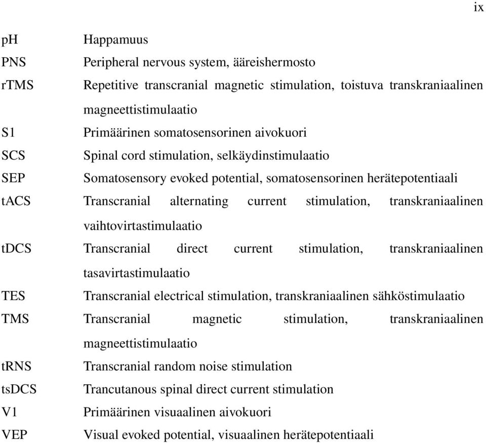 vaihtovirtastimulaatio tdcs Transcranial direct current stimulation, transkraniaalinen tasavirtastimulaatio TES Transcranial electrical stimulation, transkraniaalinen sähköstimulaatio TMS
