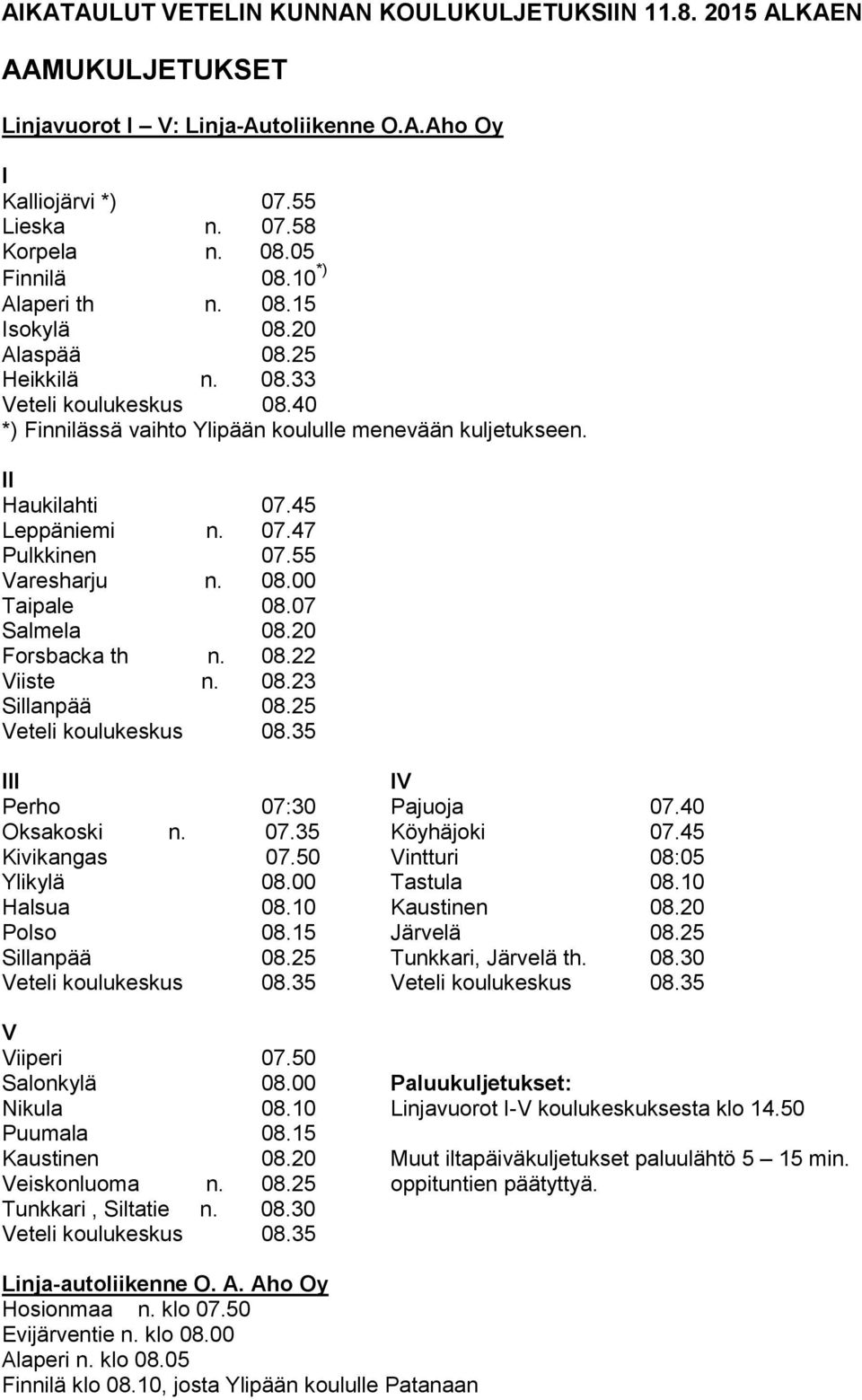 55 Varesharju n. 08.00 Taipale 08.07 Salmela 08.20 Forsbacka th n. 08.22 Viiste n. 08.23 Sillanpää 08.25 Veteli koulukeskus 08.35 III IV Perho 07:30 Pajuoja 07.40 Oksakoski n. 07.35 Köyhäjoki 07.