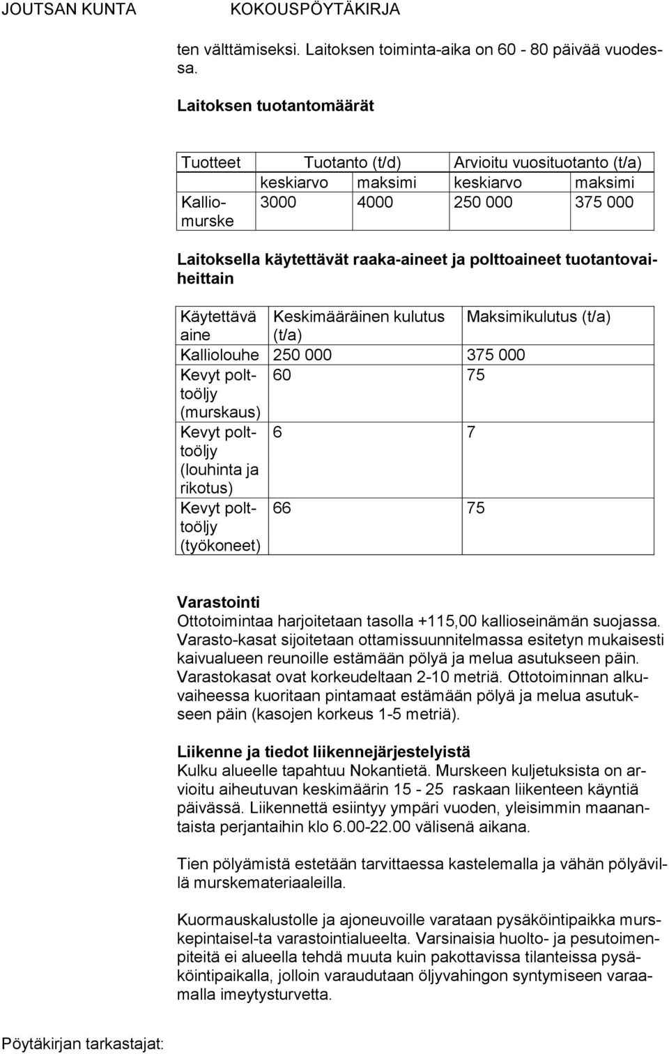 tain Käytettävä Keskimääräinen kulutus Maksimikulutus (t/a) aine (t/a) Kalliolouhe 250 000 375 000 Kevyt polttoöljy 60 75 (murskaus) Kevyt polttoöljy 6 7 (louhinta ja rikotus) Kevyt polttoöljy