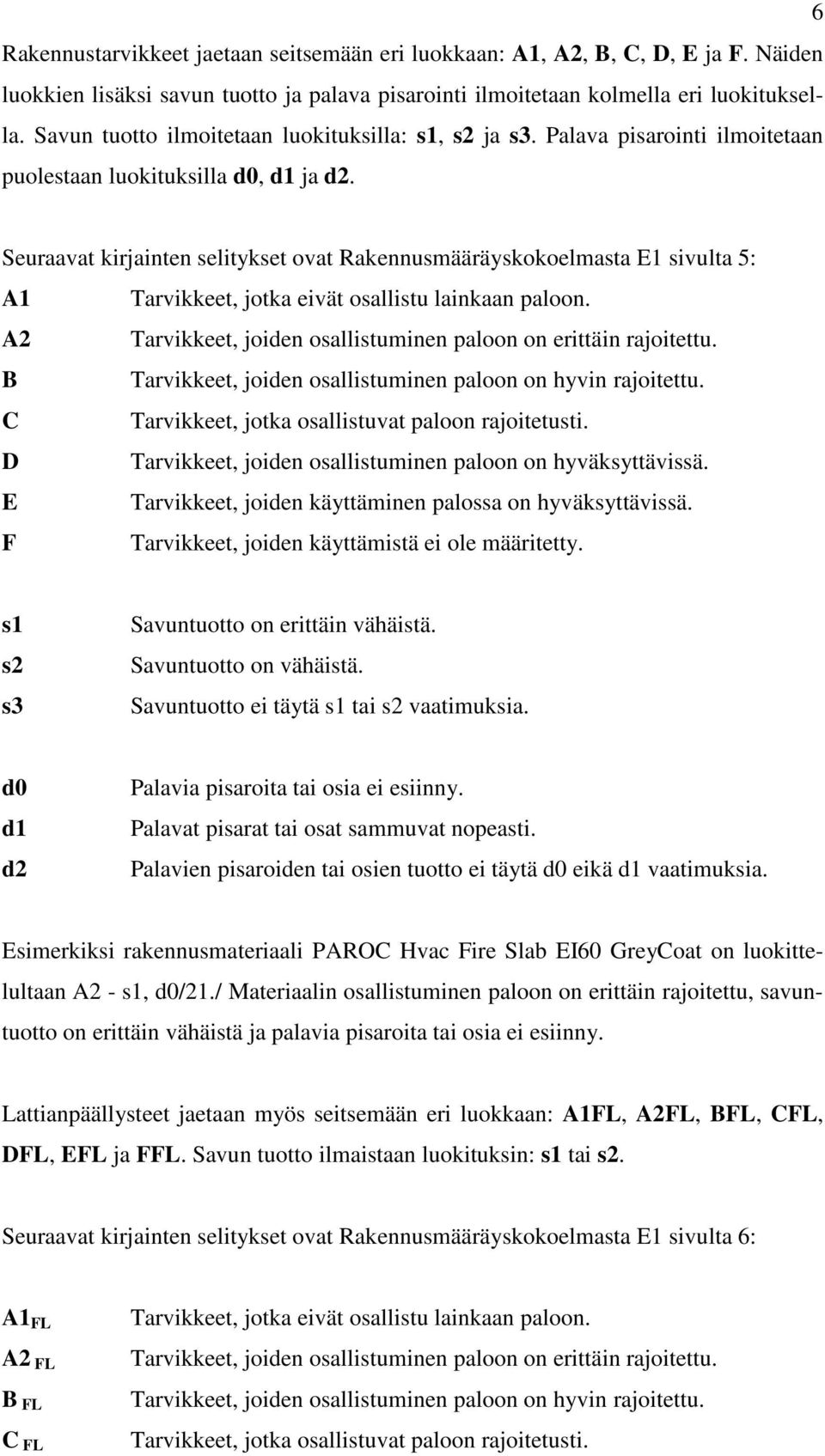 Seuraavat kirjainten selitykset ovat Rakennusmääräyskokoelmasta E1 sivulta 5: A1 Tarvikkeet, jotka eivät osallistu lainkaan paloon. A2 Tarvikkeet, joiden osallistuminen paloon on erittäin rajoitettu.